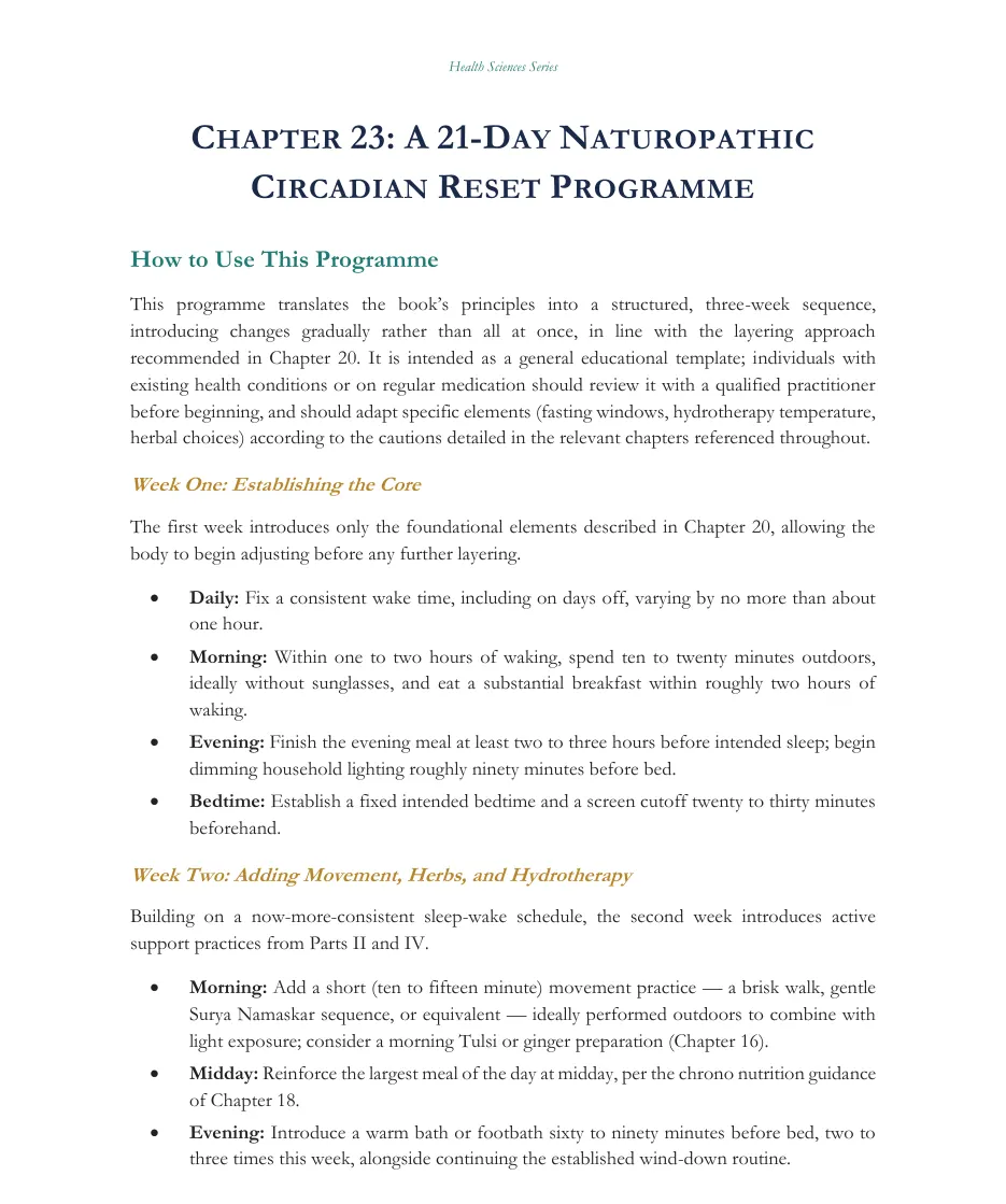 Chapter 23 page introducing the 21-day circadian reset programme