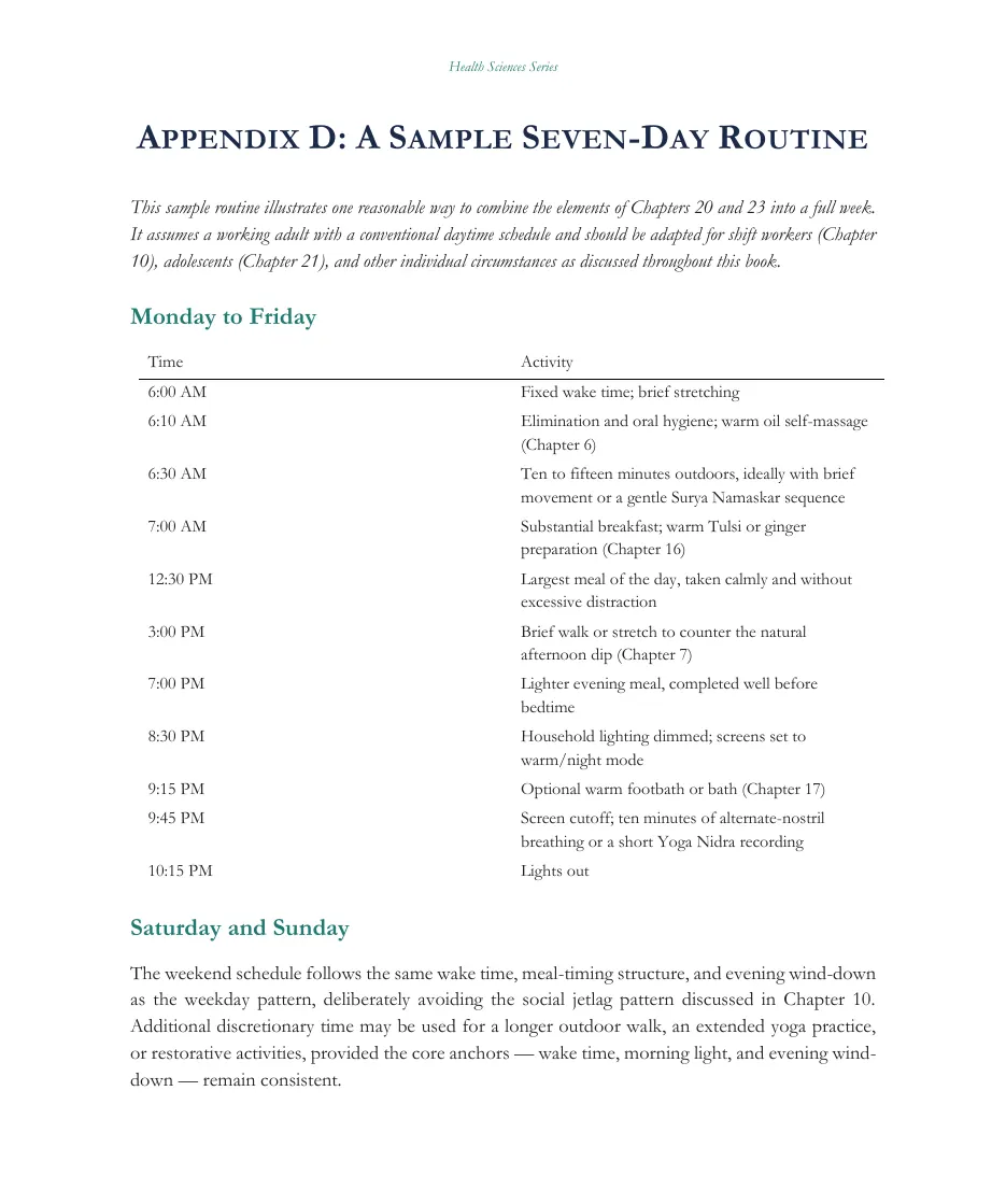 Appendix D page with a sample weekday routine table