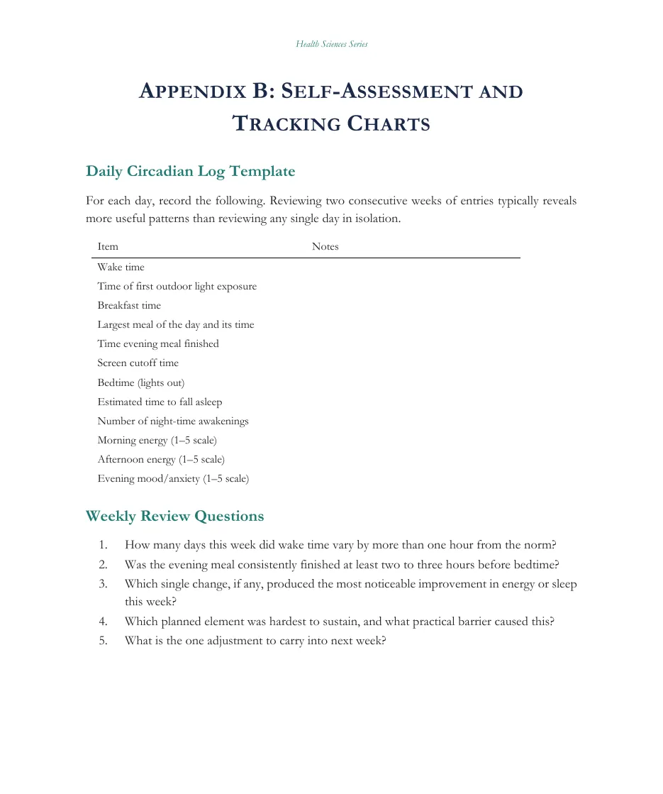 Appendix B page with the daily circadian log template